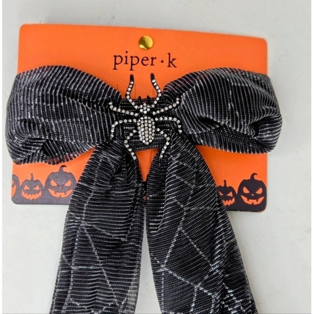 Piper K Black Spider Web Hair Bow Halloween Bling Rhinestone